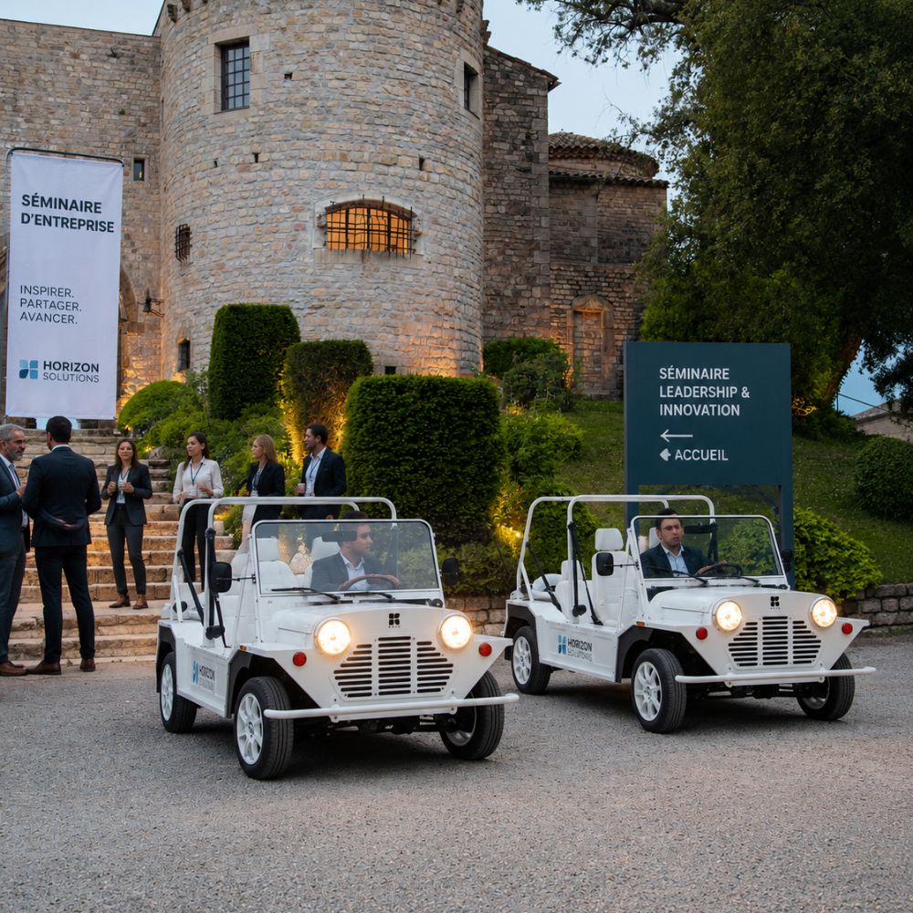 Séminaire d'entreprise avec Mini Moke devant un château événementiel